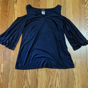 Blue suede v-cold shoulder bell sleeve top